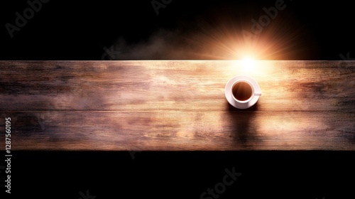 Morning Coffee on a Wooden Table with Warm Light and Steam