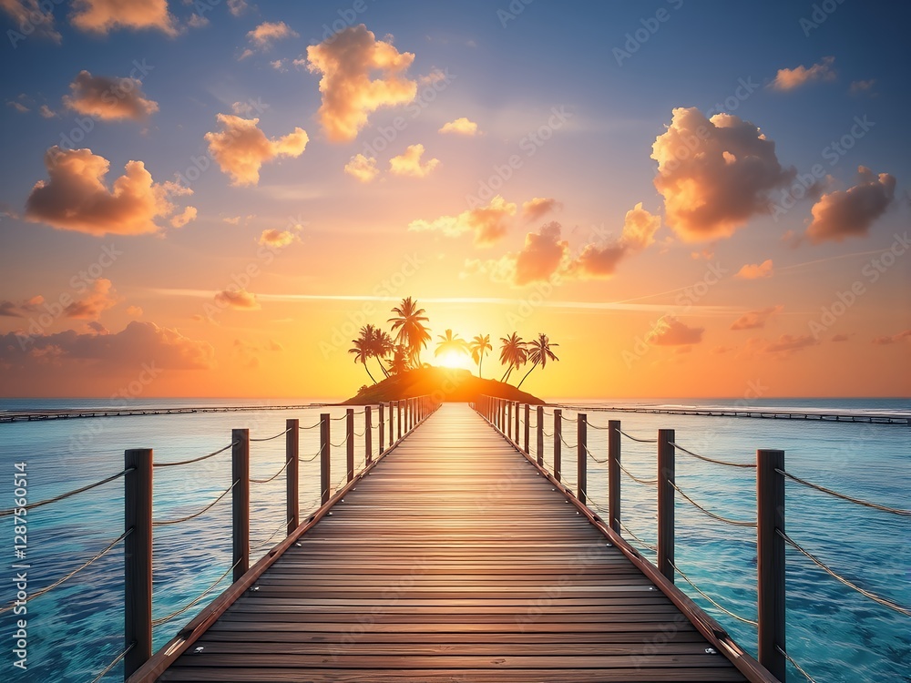 Obraz premium Serene Tropical Island Sunset Wooden Pier leading to Palm Trees at Dawn