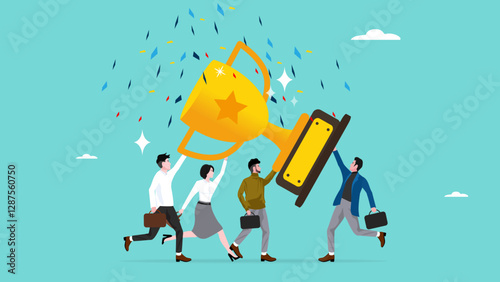 teamwork achievements, succeed together, winning trophy award with work colleague, celebrate the success of the team's efforts, happy business people colleague celebrate award winning trophy together