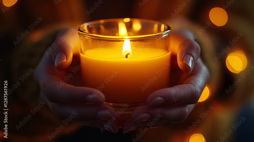 A lighted candle is carefully held in both human hands A lighted candle is carefully held in both human hands