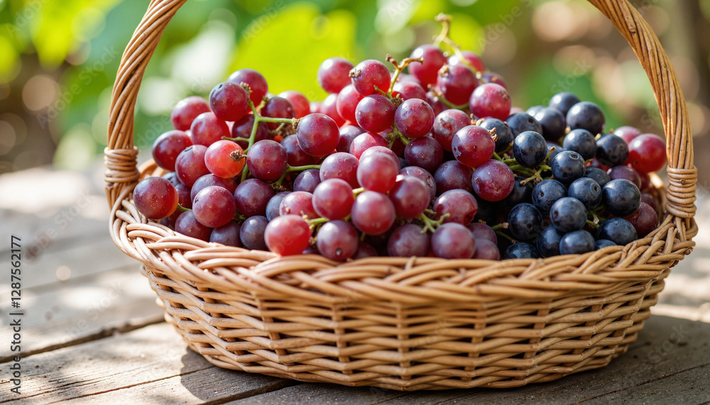 Woven basket overflowing with fresh grapes on rustic table, abundance Woven basket overflowing with fresh grapes on rustic table, abundance