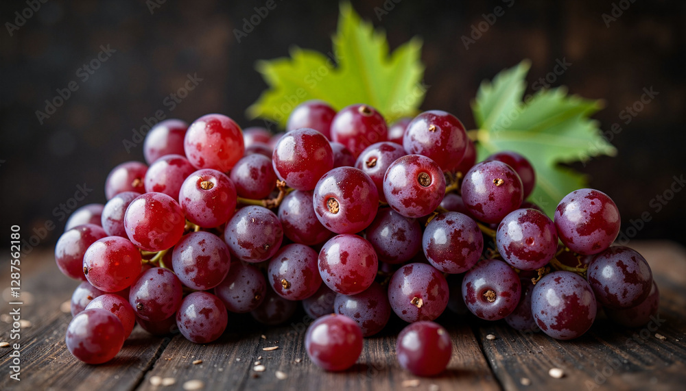 Grape cluster on dark wooden surface, rich texture and color Grape cluster on dark wooden surface, rich texture and color
