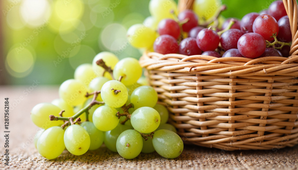 Wicker basket filled with green and red grapes against soft light, abundance Wicker basket filled with green and red grapes against soft light, abundance