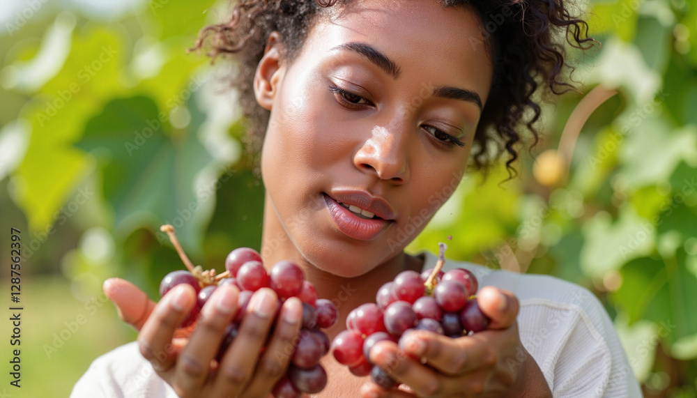 Middle-aged Black woman examining red wine grapes in vineyard, appreciation Middle-aged Black woman examining red wine grapes in vineyard, appreciation