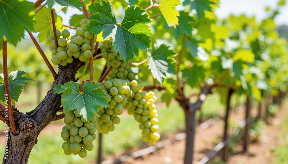 Fototapeta premium Vibrant grape clusters hanging on lush vine row, nature's bounty
