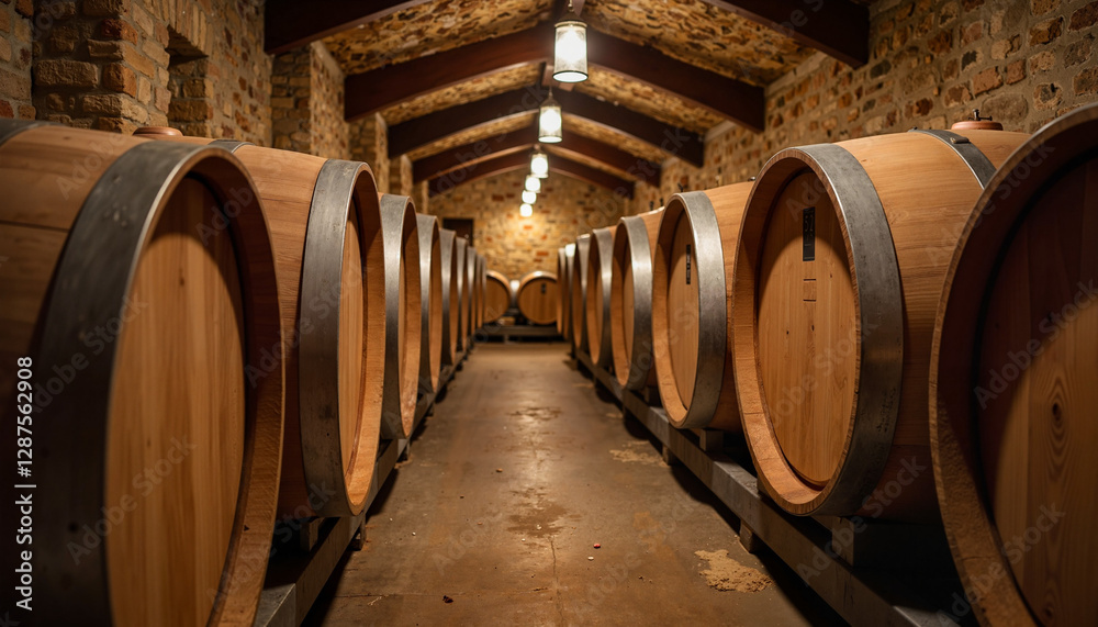 Wine fermentation process in dim cellar with barrels, artisanal craftsmanship Wine fermentation process in dim cellar with barrels, artisanal craftsmanship