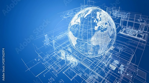 A wireframe globe with blueprint aesthetics, isolating growing markets in silver