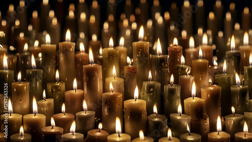 wallpaper that is horizontal and features numerous tiny candles that are burning. Tee candles' gentle light creates a tranquil ambiance.