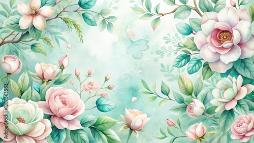 Pastel Floral Arrangement Delicate Watercolor Roses and Magnolias on a Mint Green Background