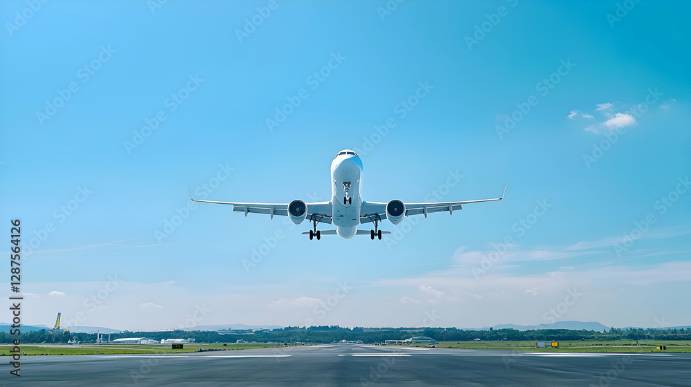 Naklejka premium Airplane Landing on Runway Under a Blue Sky
