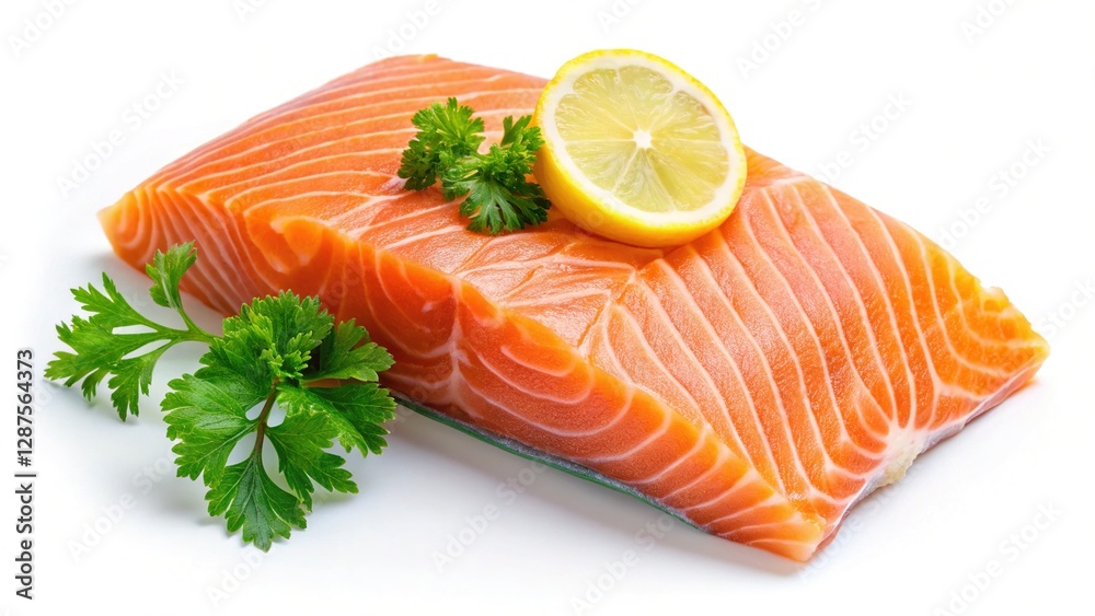 Fresh Raw Salmon Slice with Lemon & Parsley - Isolated on White Background Fresh Raw Salmon Slice with Lemon & Parsley - Isolated on White Background