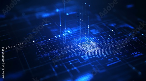 A dark digital workspace with a glowing blueprint table and a single document in white
