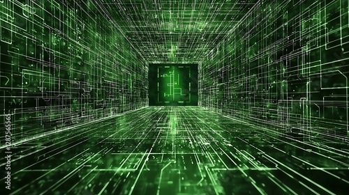 A dark futuristic workspace with a floating digital blueprint, showing only one path in green