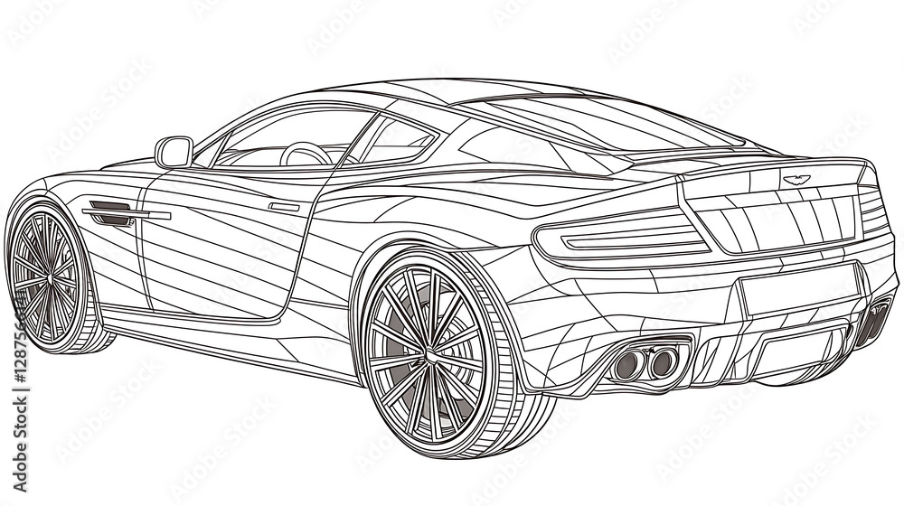 Fototapeta premium Black and White Outline Drawing of a Stylish Car 