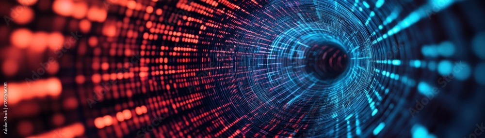 Fototapeta premium A vibrant, abstract representation of a digital tunnel with red and blue binary-like patterns, suggesting a dynamic flow of information.