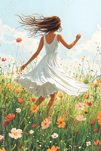 The girl with a skirt running on the sunny grass