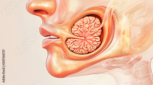 nasal polyps in the sinus cavity, labeled with turbinates and nasal anatomy for educational purposes diagram hand drawn schematic raster illustration. Medical science educational  photo