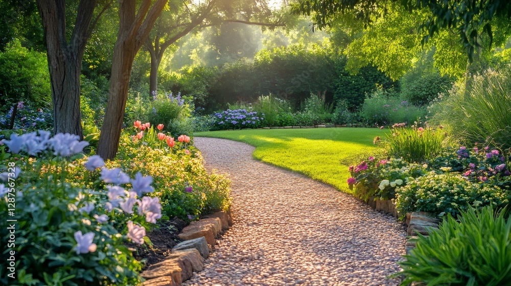 Obraz premium Gravel path winding through a colorful garden at sunrise