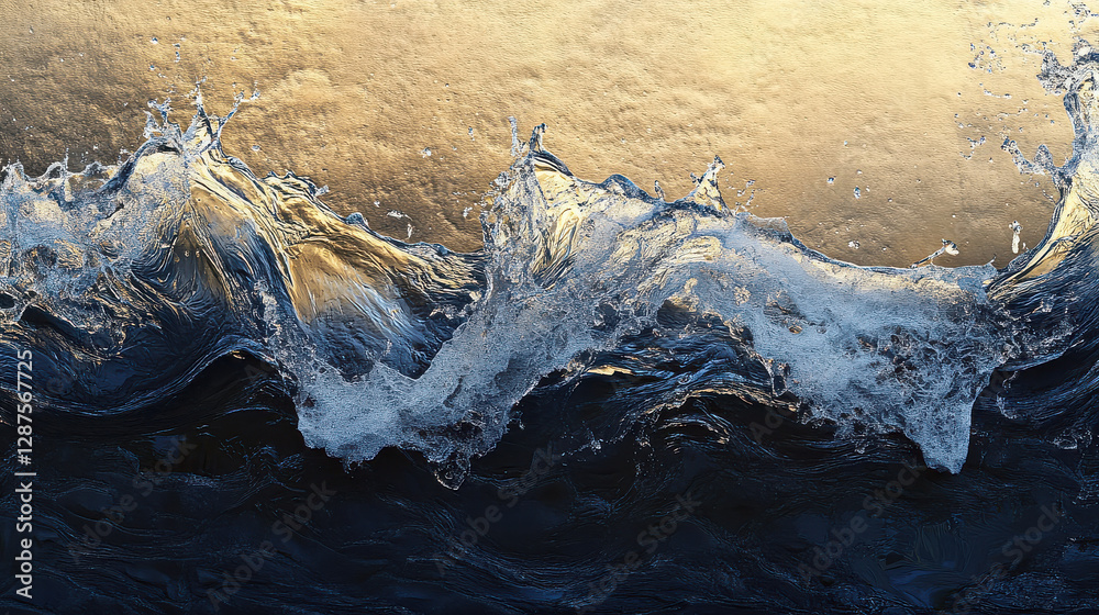 Obraz premium Close-up of ocean waves in deep sapphire tones crashing onto dark, metallic-looking sand, the water reflecting a golden sunset glow