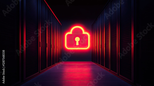 A glowing red padlock symbol illuminates a dark corridor lined with server racks, evoking themes of cybersecurity and data protection.