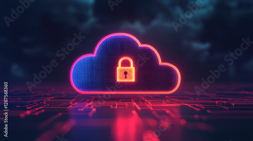 A digital cloud with a padlock symbol, representing data security in a vibrant, futuristic design against a dark, atmospheric background.