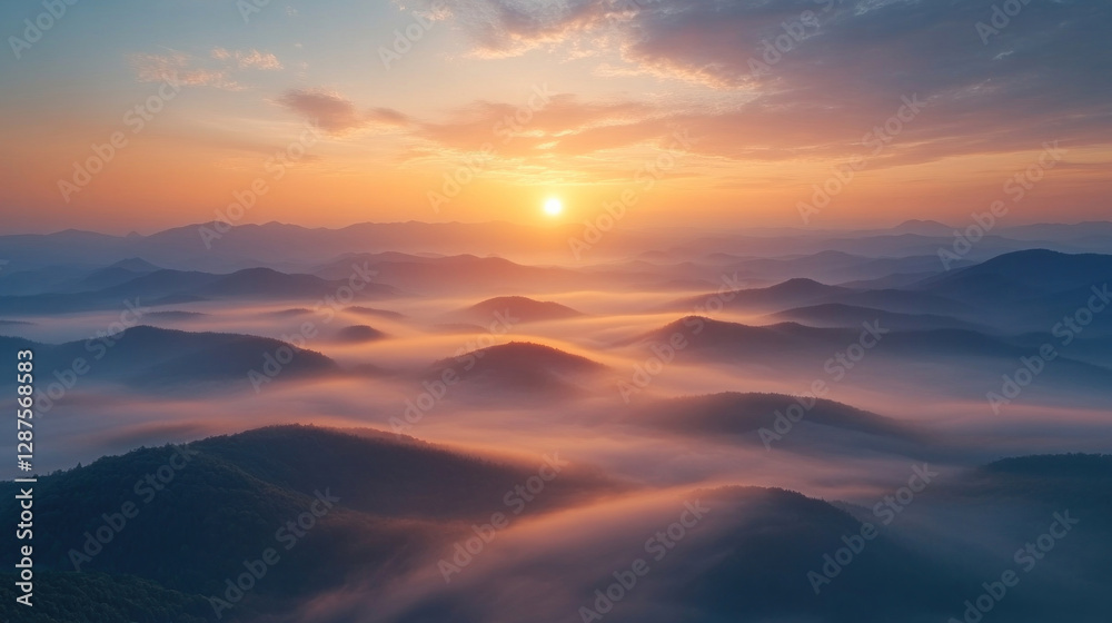 A breathtaking sea of mist covering rolling mountain peaks at sunrise, soft golden light A breathtaking sea of mist covering rolling mountain peaks at sunrise, soft golden light