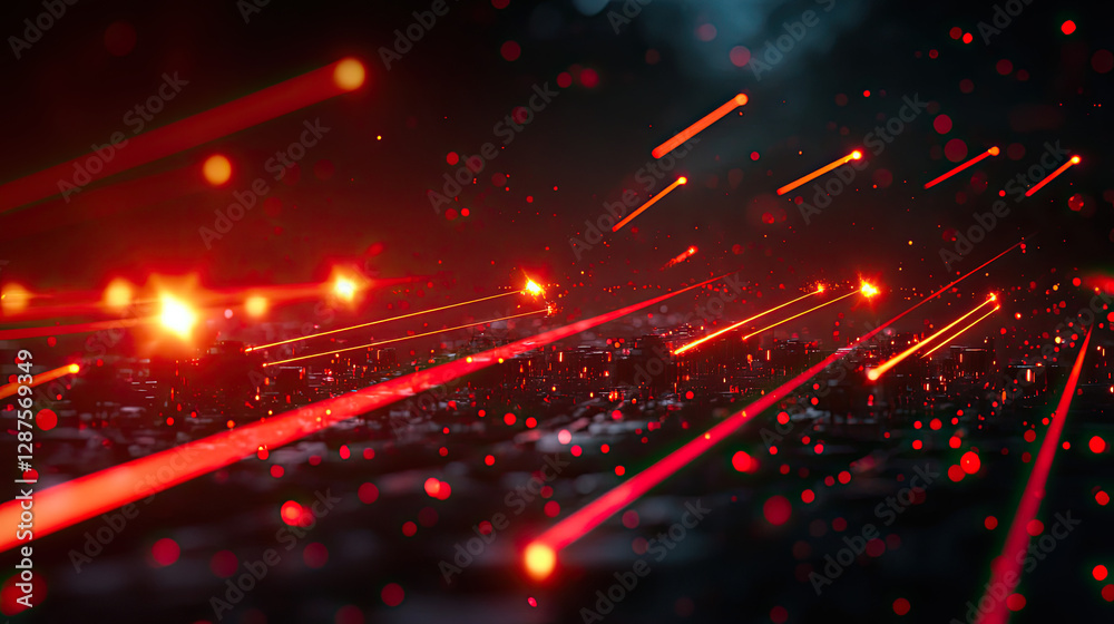 Fototapeta premium A vibrant, abstract scene with red laser-like beams streaking through a dark background, creating a dynamic and futuristic atmosphere.