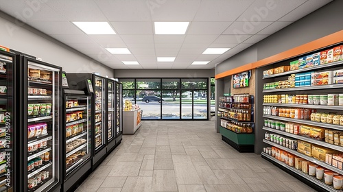 Modern grocery store interior, bright, spacious, with exterior view. Possible use Stock photo for commercial projects