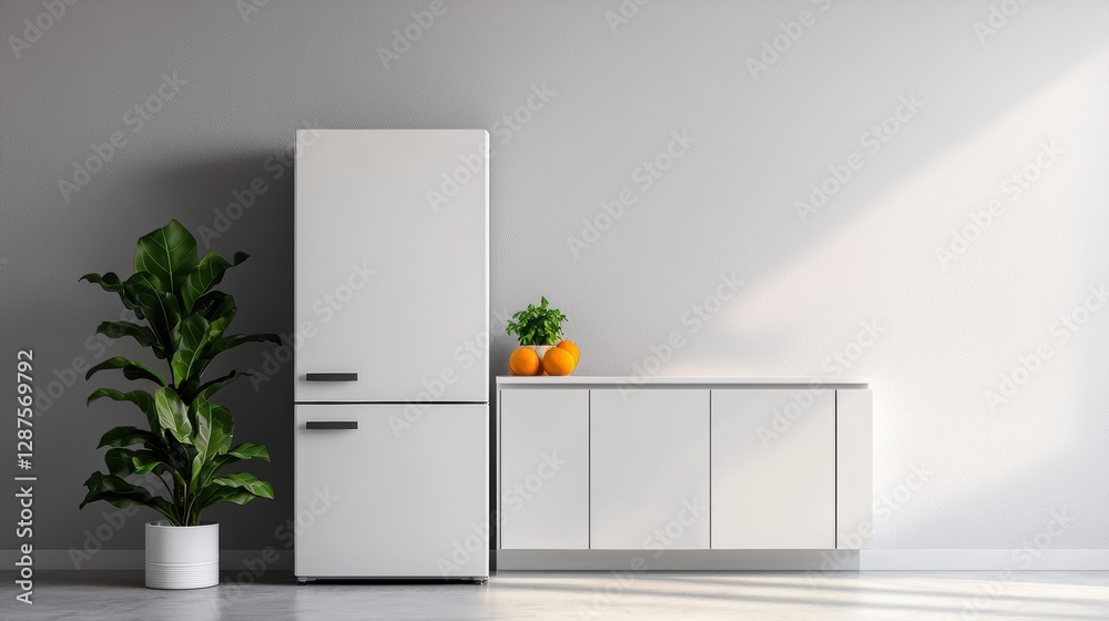 Modern refrigerator and cabinet with plants and oranges in minimalist setting Modern refrigerator and cabinet with plants and oranges in minimalist setting