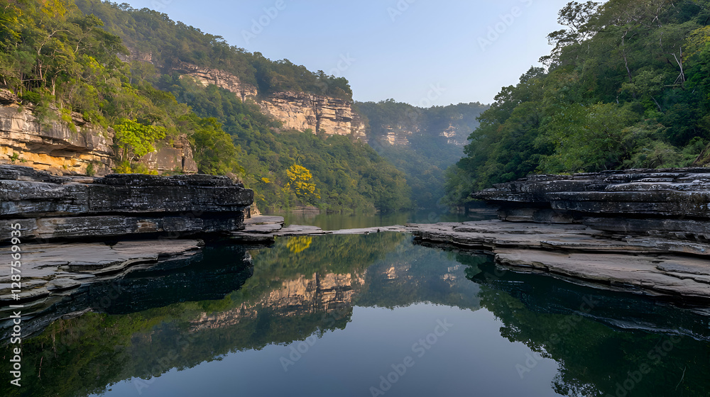 Fototapeta premium Serene River Landscape with Green Hills and Rock Formations