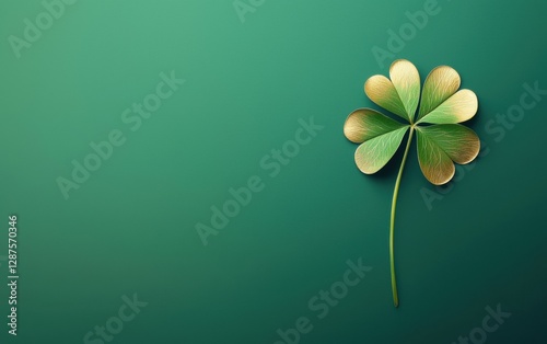 Elegant minimalistic green background with a single golden shamrock for Saint Patricks Day