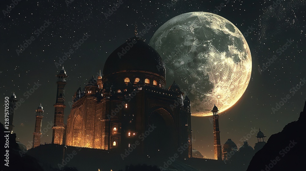 Obraz premium Surreal Mosque on a Lunar Landscape with a Giant Full Moon, Creating a Dreamlike and Ethereal Scene