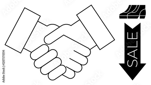 Handshake represents business deal, sale arrow suggests price drop. Shoe icon indicates a footwear sale. Ideal for business partnerships, retail promotions, bargains, ecommerce, mutual agreements