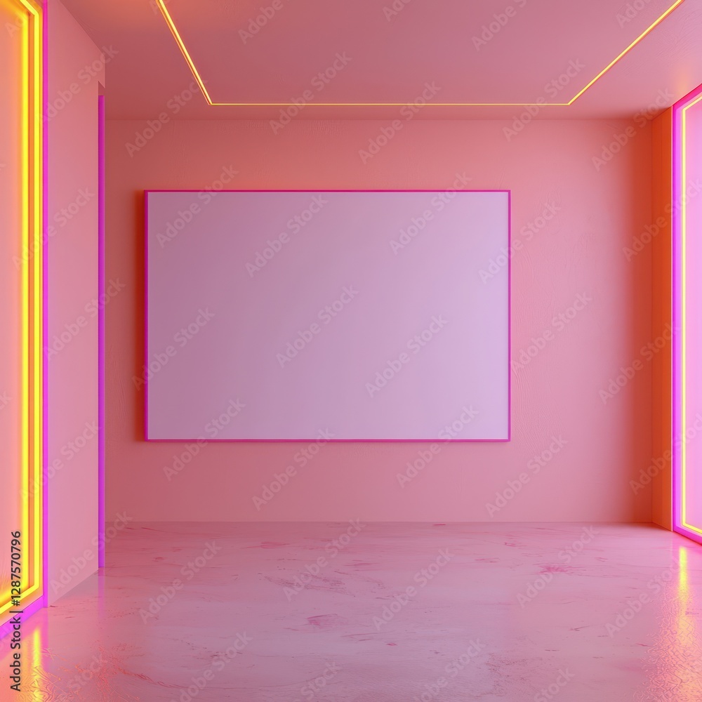Serene apricot room, 3D, blank wall, neon magenta edges. Serene apricot room, 3D, blank wall, neon magenta edges.