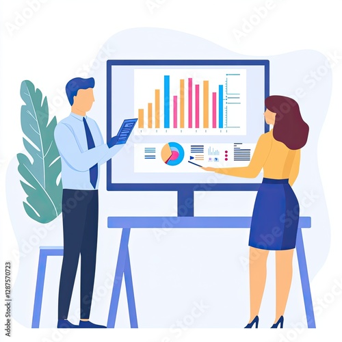 AI-Driven Business Concepts Two professionals analyzing data on a large screen, showcasing teamwork and technology in the workplace.
