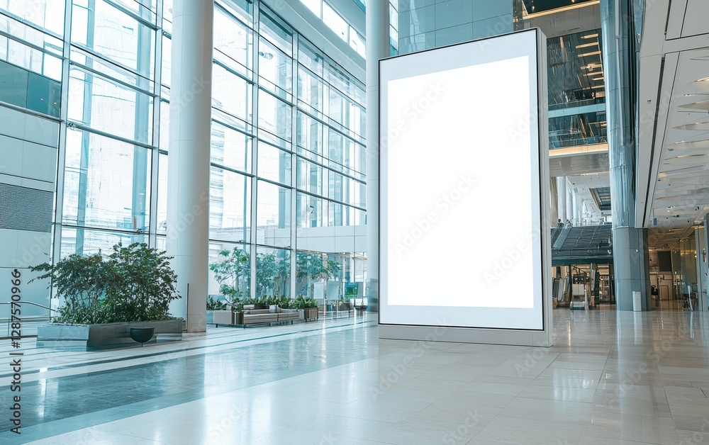 Fototapeta premium Empty white advertising screen in office building lobby; tall vertical OOH billboard
