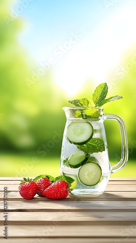 Refreshing cucumber mint water on wood, outdoors. Summer drink, healthy hydration photo