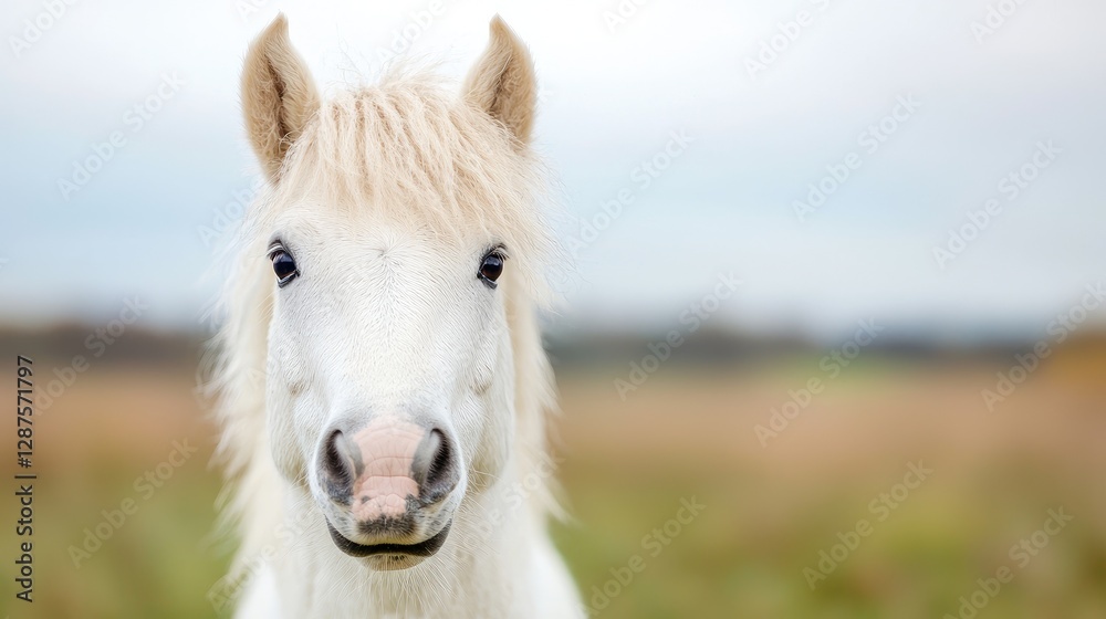 Obraz premium White horse portrait, autumn field background, equine photography, website banner