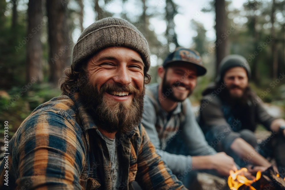 Lumberjacks enjoying campfire in forest