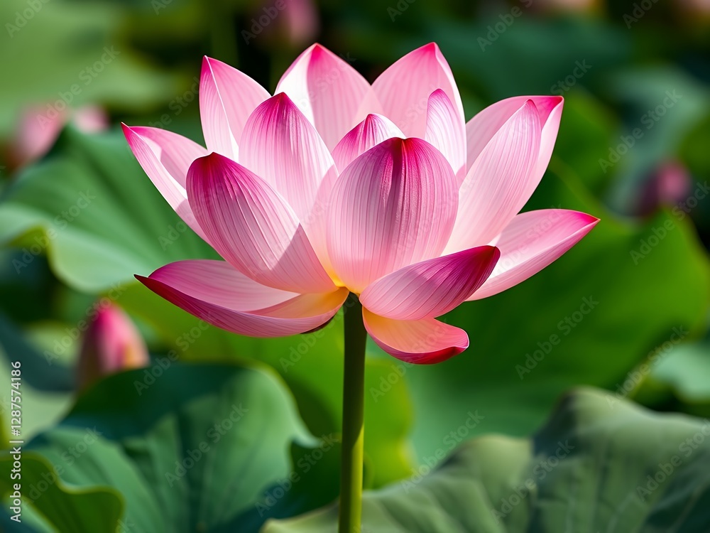Stunning Pink Lotus Flower Blossom in Full Bloom Close Up View in Lush Green Pond Stunning Pink Lotus Flower Blossom in Full Bloom Close Up View in Lush Green Pond