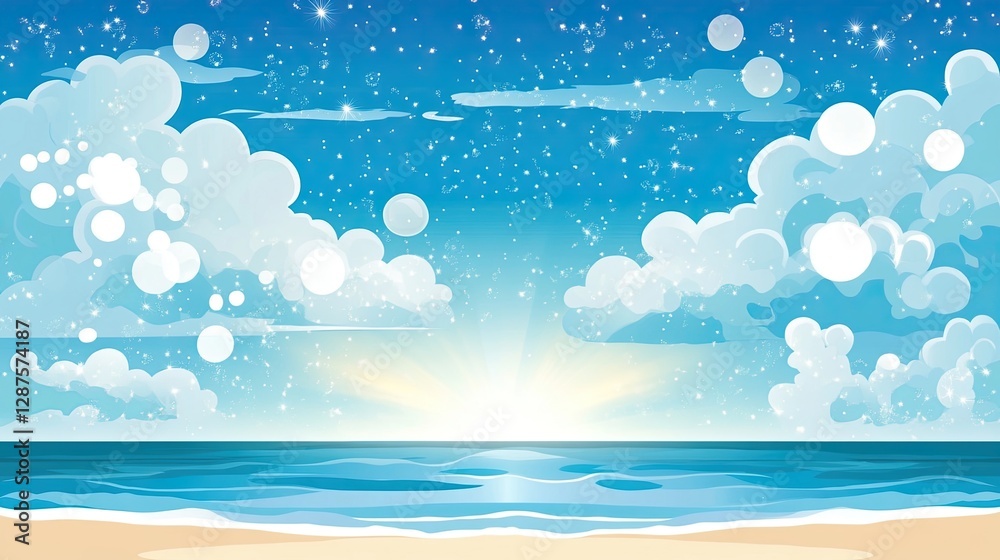 Vector summer ocean background with blue sky, clouds, and sunlight with bokeh sparkles, featuring a sea horizon view and sun rays. Perfect for travel posters, party invitations, and websites Vector summer ocean background with blue sky, clouds, and sunlight with bokeh sparkles, featuring a sea horizon view and sun rays. Perfect for travel posters, party invitations, and websites