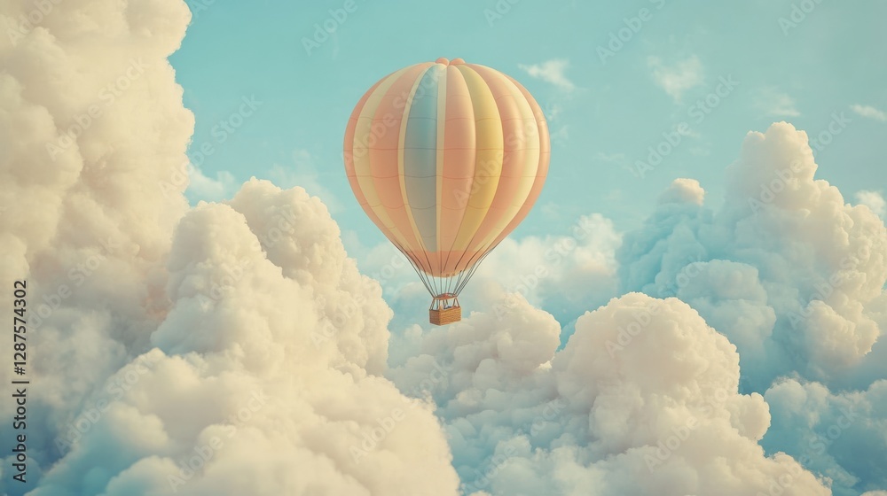 Fototapeta premium Pastel Hot Air Balloon Soaring Through Fluffy Clouds