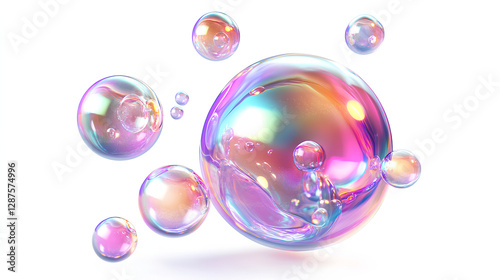 Fototapeta Naklejka Na Ścianę i Meble -  shiny bubbles fluid holographic Iridescent 3d render icon isolated on white background 