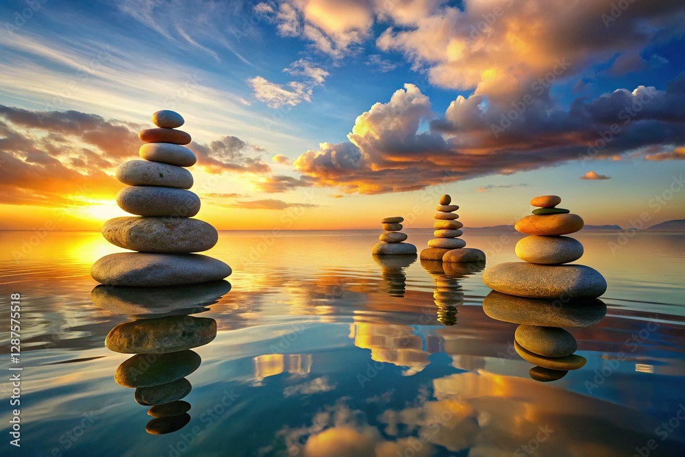 Obraz premium Tranquil Water Reflection: Balanced Stone Stack Serenity