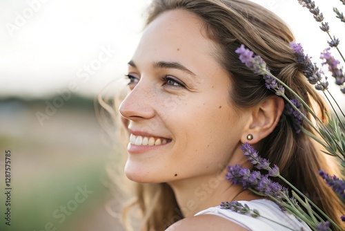 Minimalistic photo of a woman with lavender flowers tucked behind her ear, extremely close-up capturing her bright eyes and warm smile, softly blurred background. photo