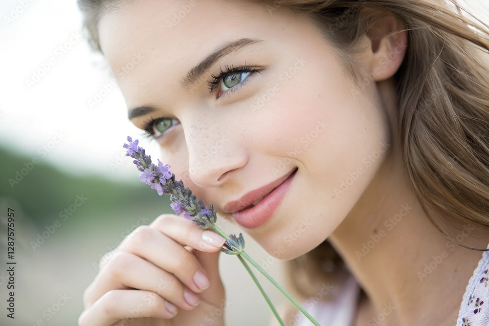 Fototapeta premium Minimalistic photo of a young woman holding a lavender flower near her lips, extremely close-up capturing her soft smile and bright eyes, background softly blurred.