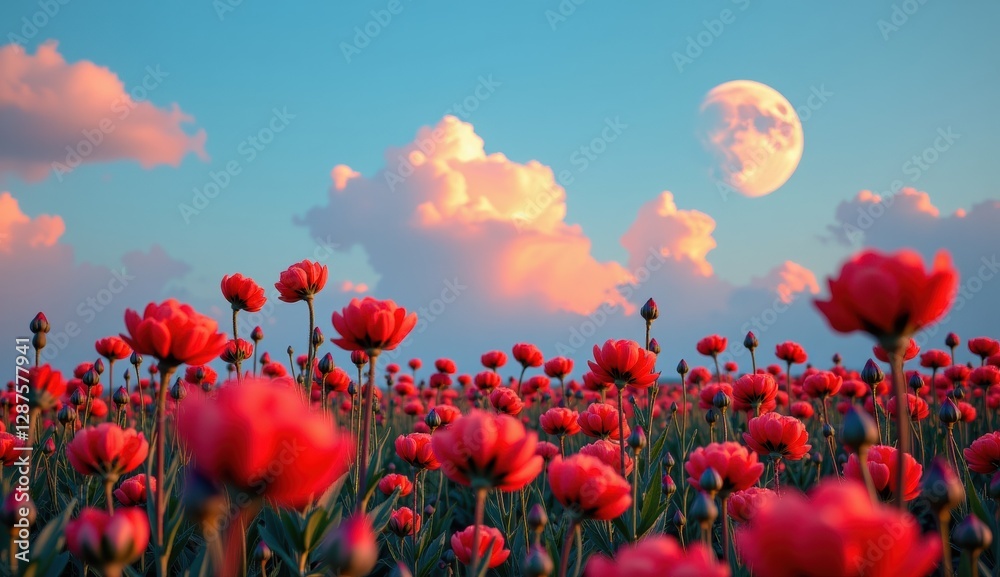 Obraz premium A vibrant field of dahlia-like flowers, rendered in warm shades of pink and orange, stretches towards a serene twilight sky.