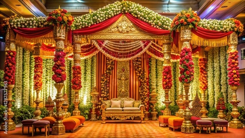 Vibrant South Indian Tamil Wedding Stage Decoration with Floral Arrangements and Traditional Textiles