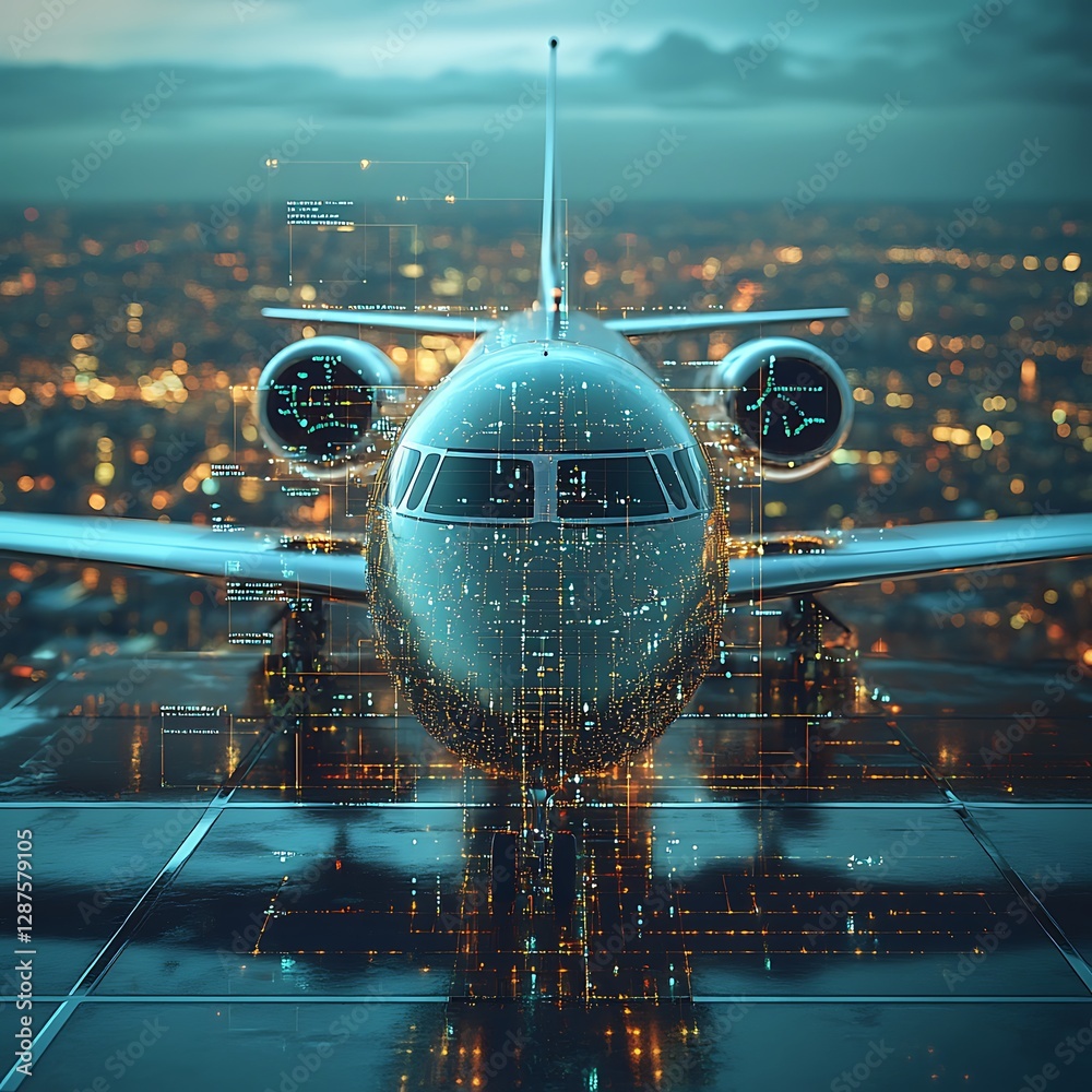 Futuristic Jet on Night Runway Futuristic Jet on Night Runway