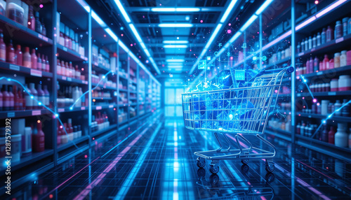 Wallpaper Mural A futuristic digital marketplace with real-time global transactions and a glowing shopping cart concept visualizing seamless online purchases. Torontodigital.ca